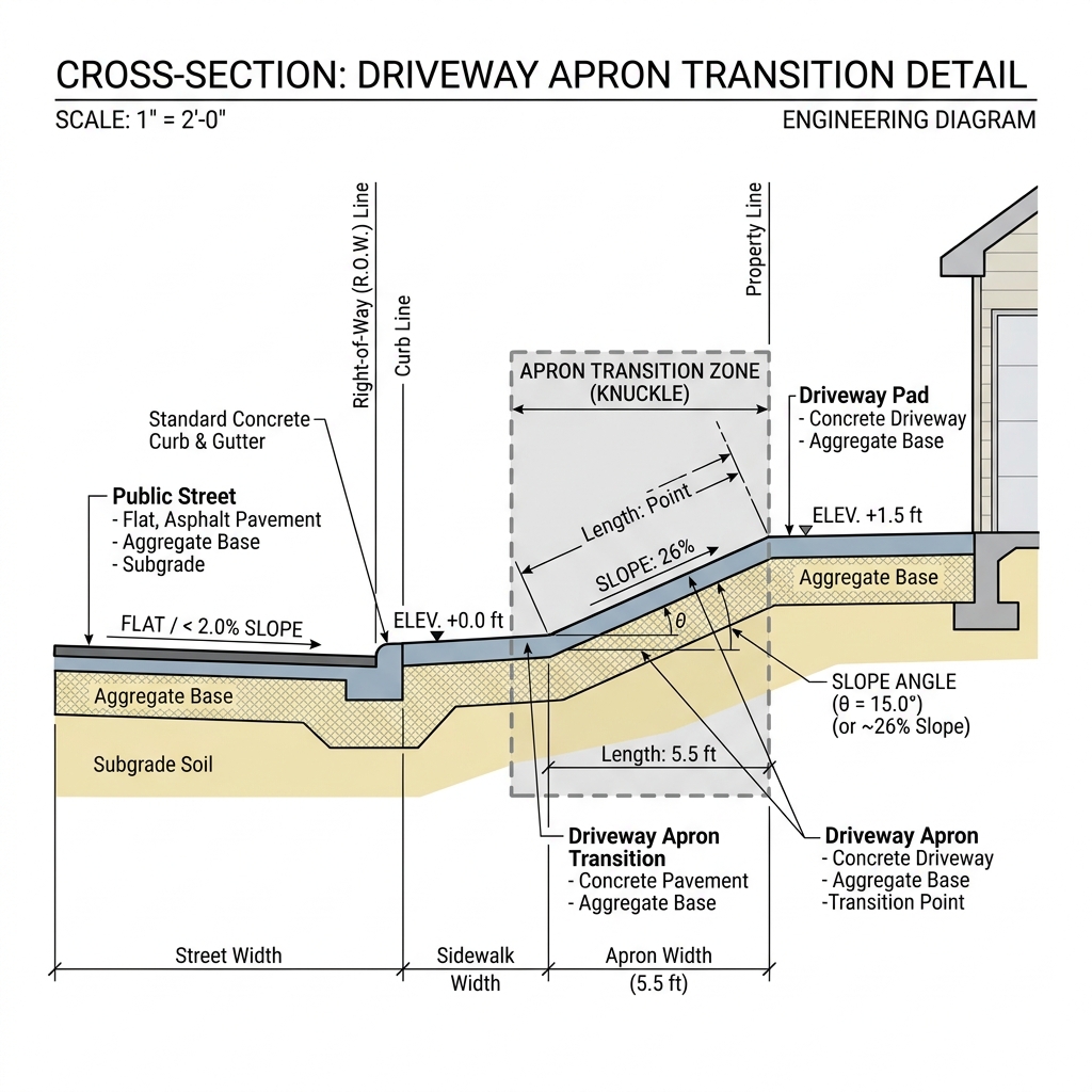 Cross-section architectural engineering diagram showing a driveway meeting a street