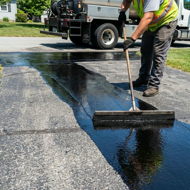 Contractor sealcoating an asphalt driveway