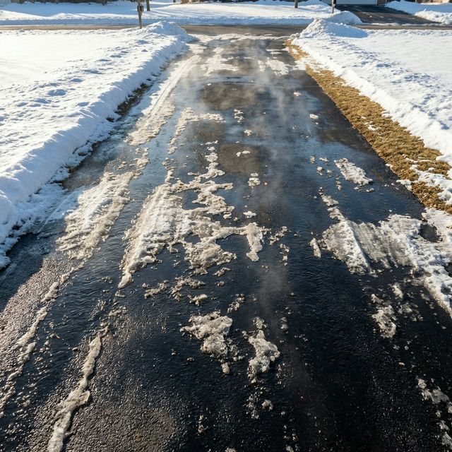 Snow melting quickly on black asphalt driveway