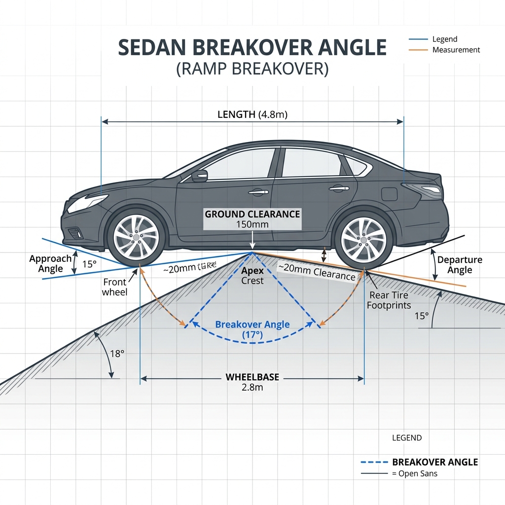 Technical illustration showing the side profile of a sedan traversing a sharp driveway crest and highlighting the breakover angle