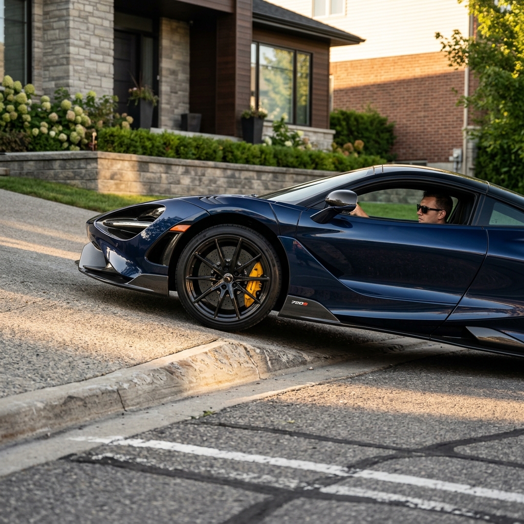 A low-clearance performance sports car navigating an extremely steep driveway apron