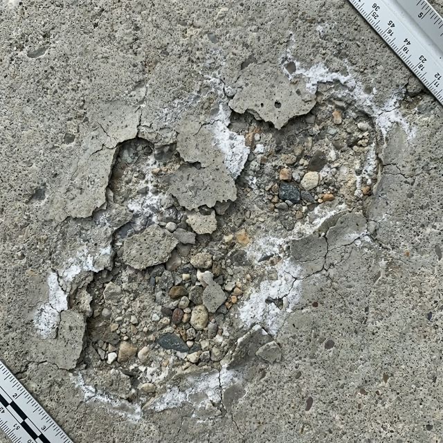 Spalling damage on old concrete driveway