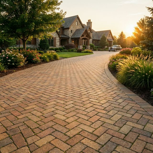 Luxurious herringbone paver driveway