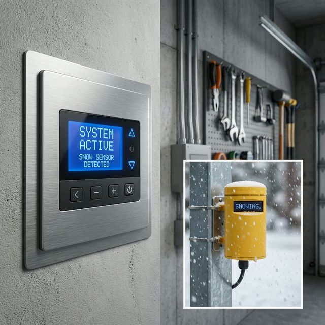 Heated driveway control system and snow sensor
