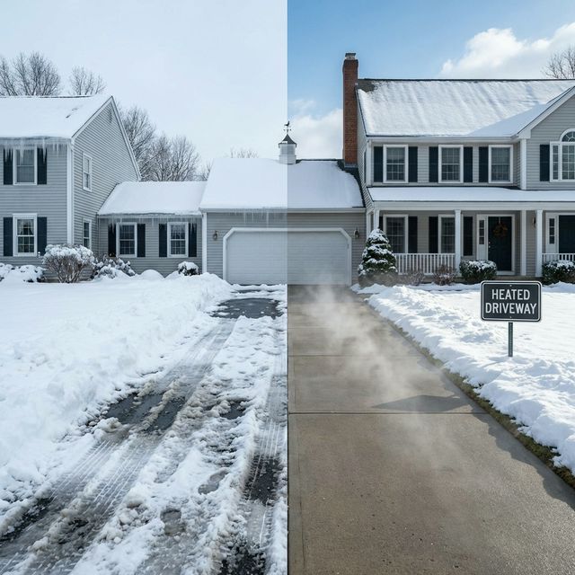 Split view comparing a snowy driveway to a clear heated driveway