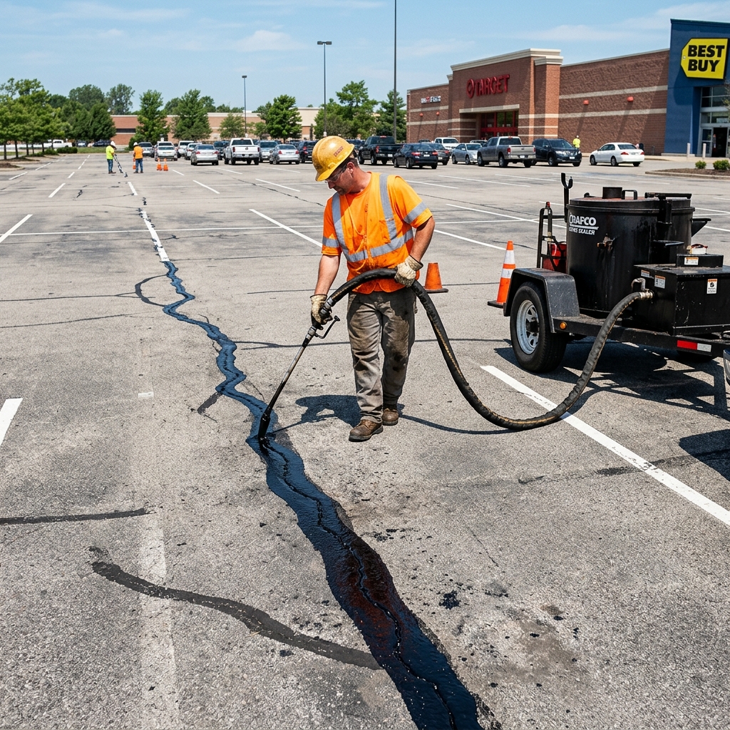 Hot pour crack filling in a commercial parking lot
