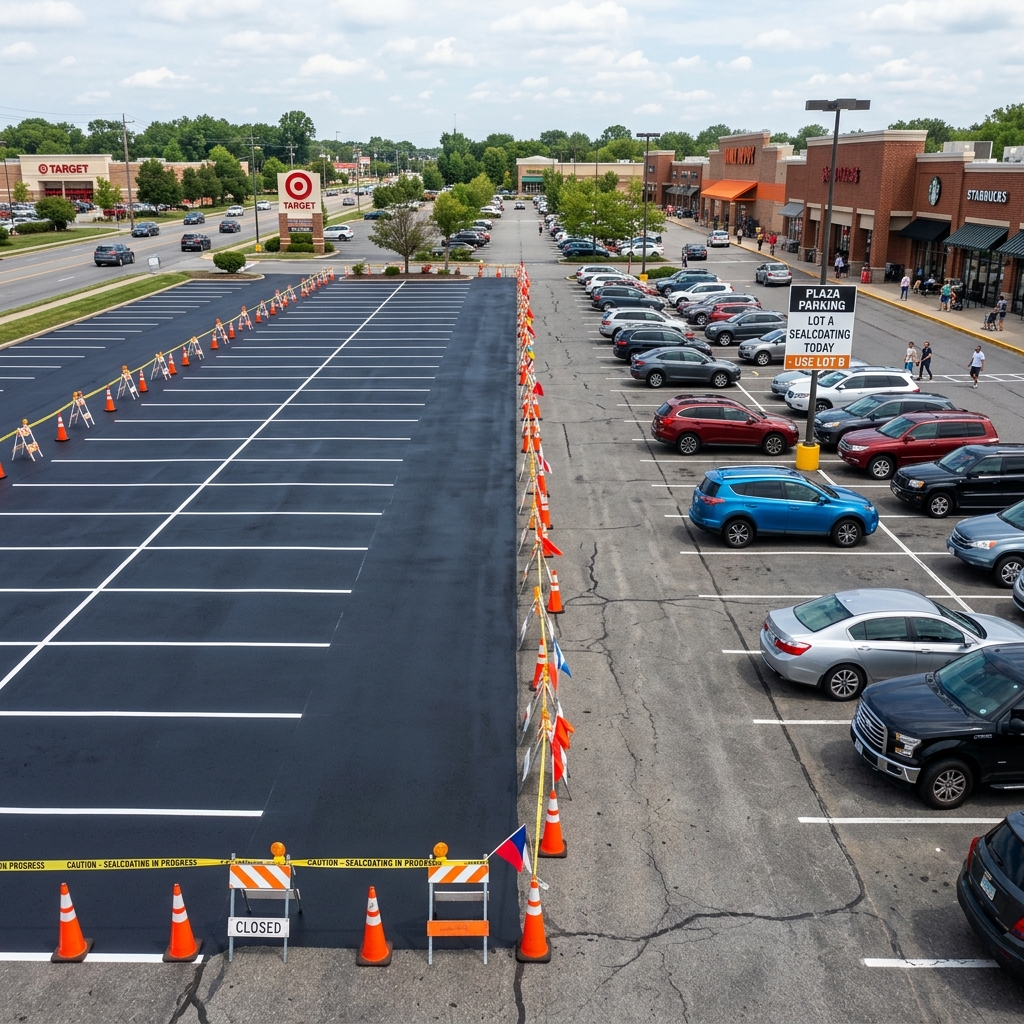 A commercial parking lot undergoing phased sealcoating