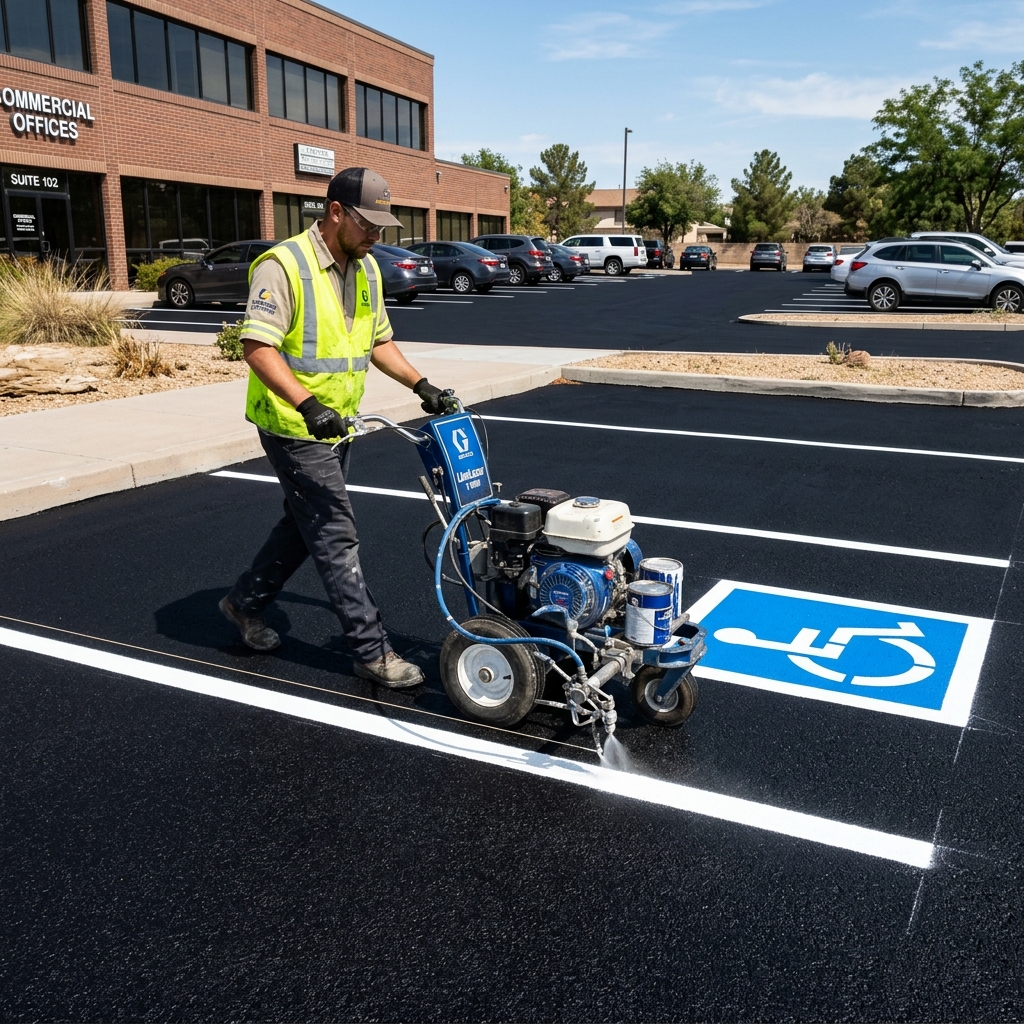 Professional striping over a freshly sealcoated parking lot