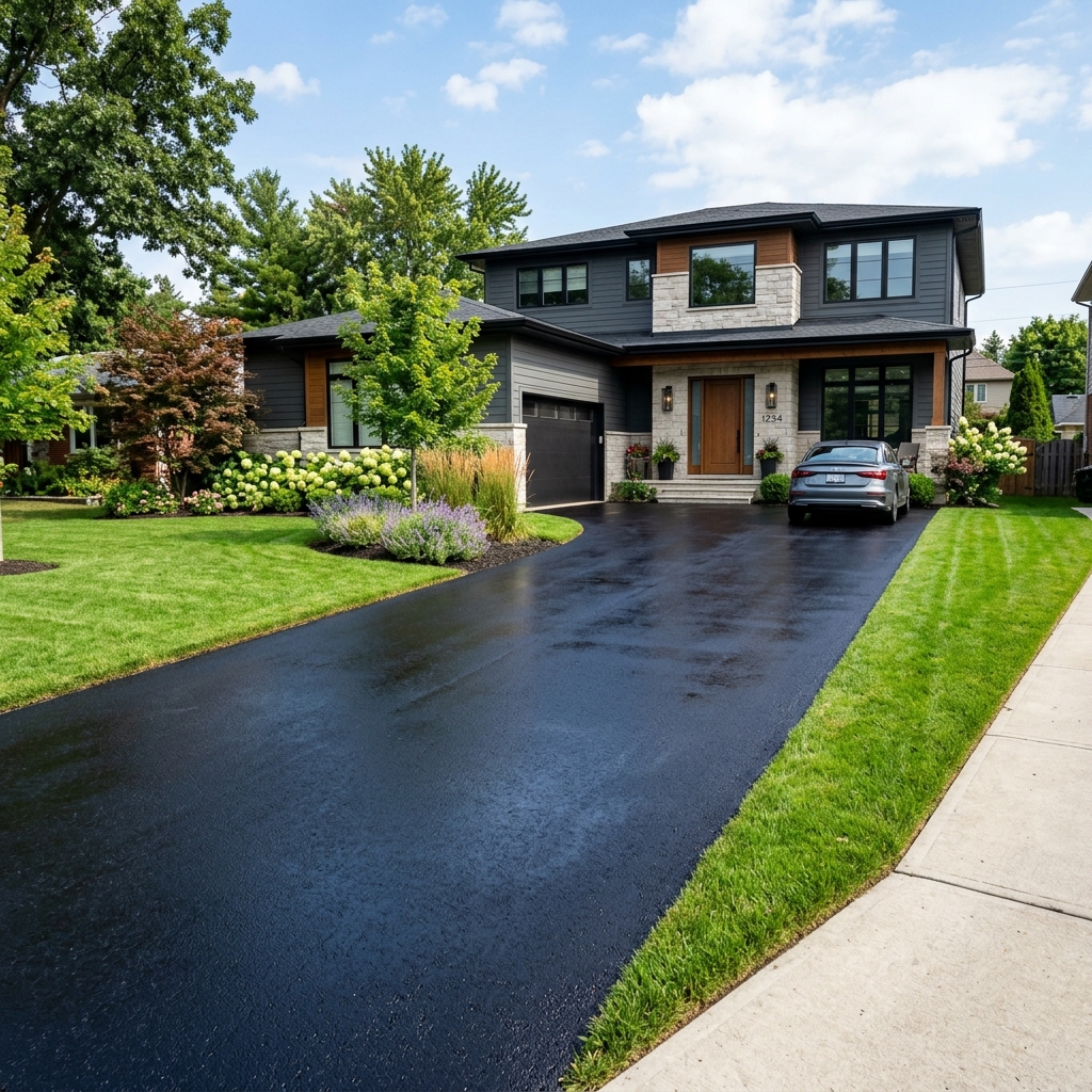 Freshly sealcoated black asphalt driveway in front of a home