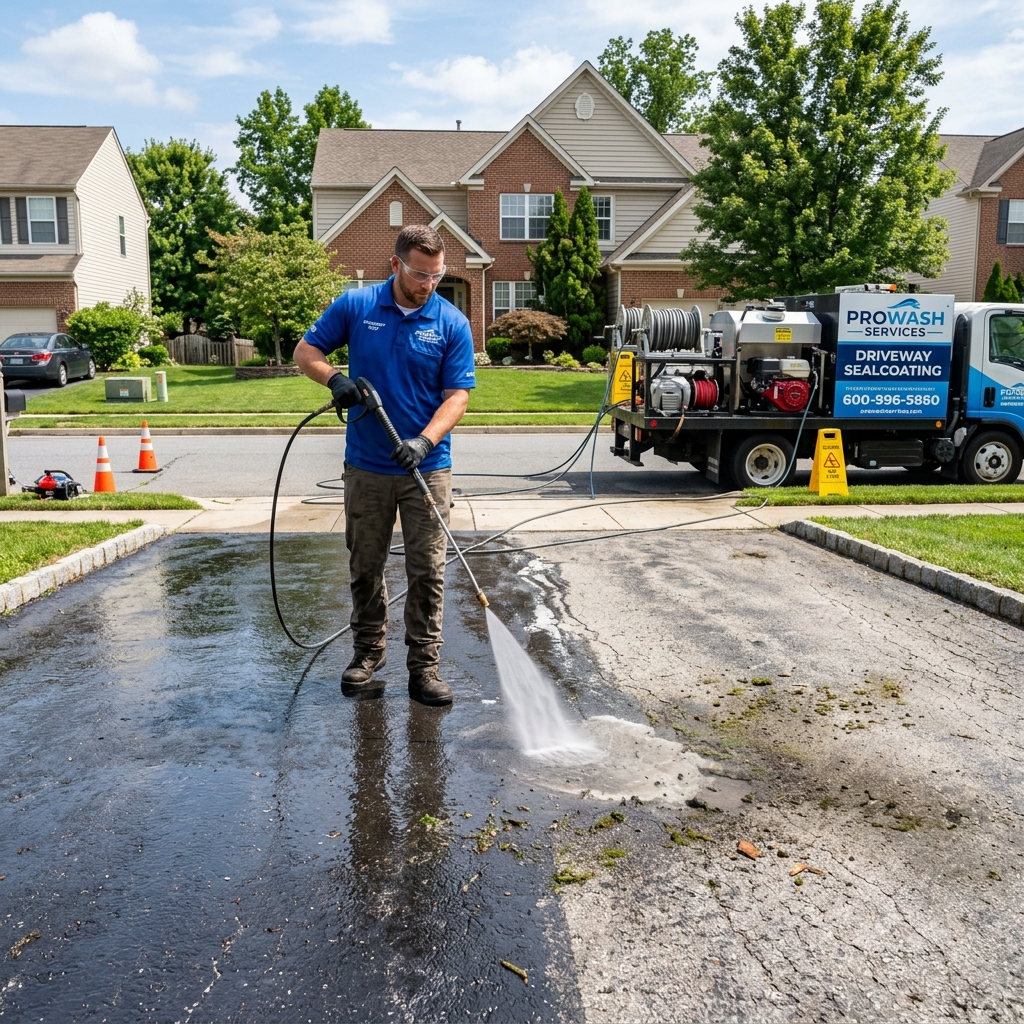 Power washing an asphalt driveway before sealcoating